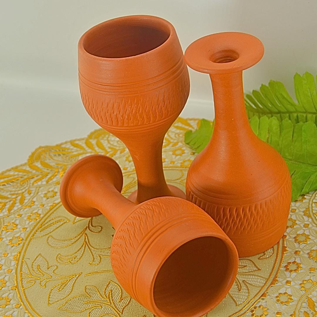 Handcrafted Terracotta Wine Goblets, Set of 3, Traditional Carved Design, Clay Stemware