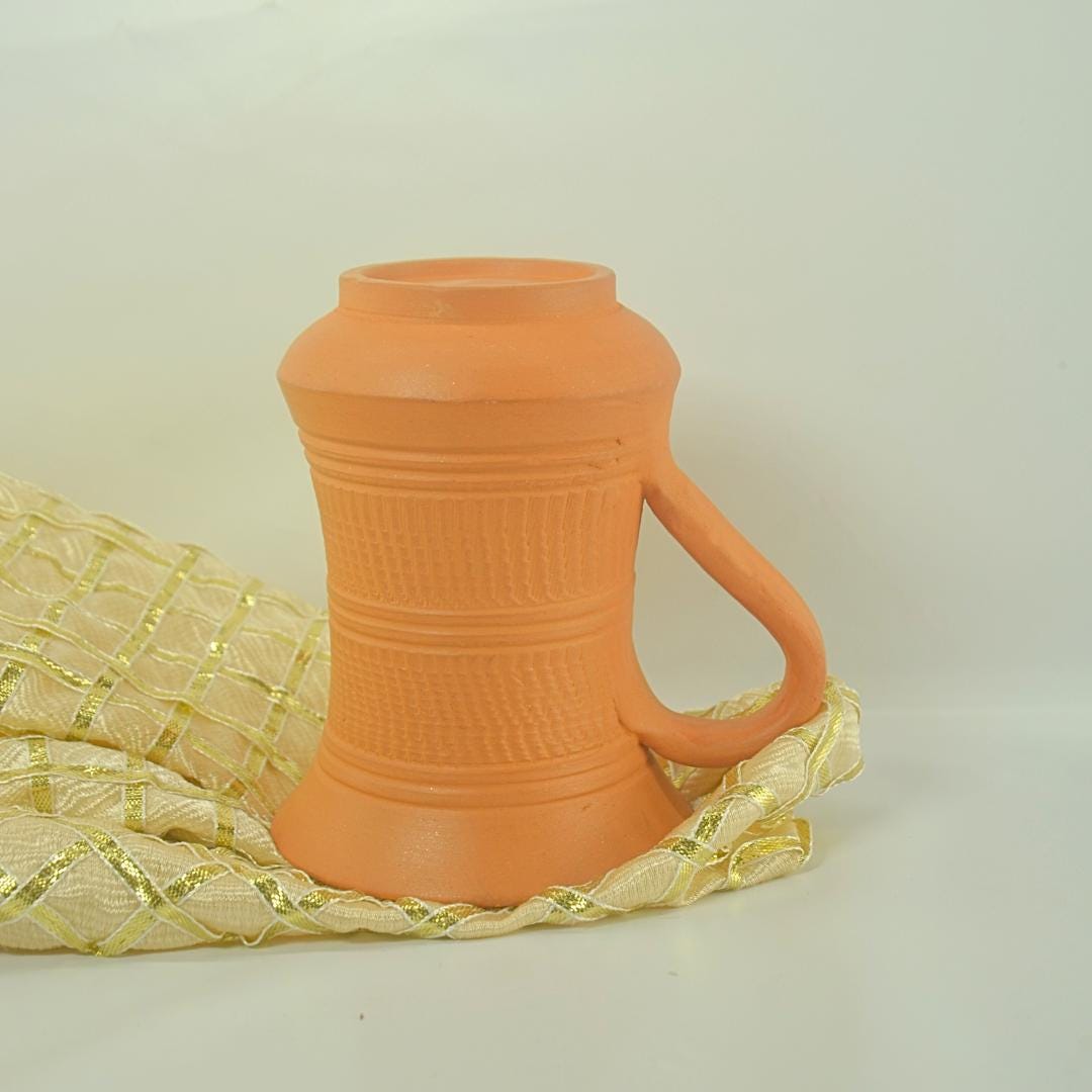 Traditional Clay Mug with Engraved Pattern, Terracotta, 250 ml Capacity, Curved Handle