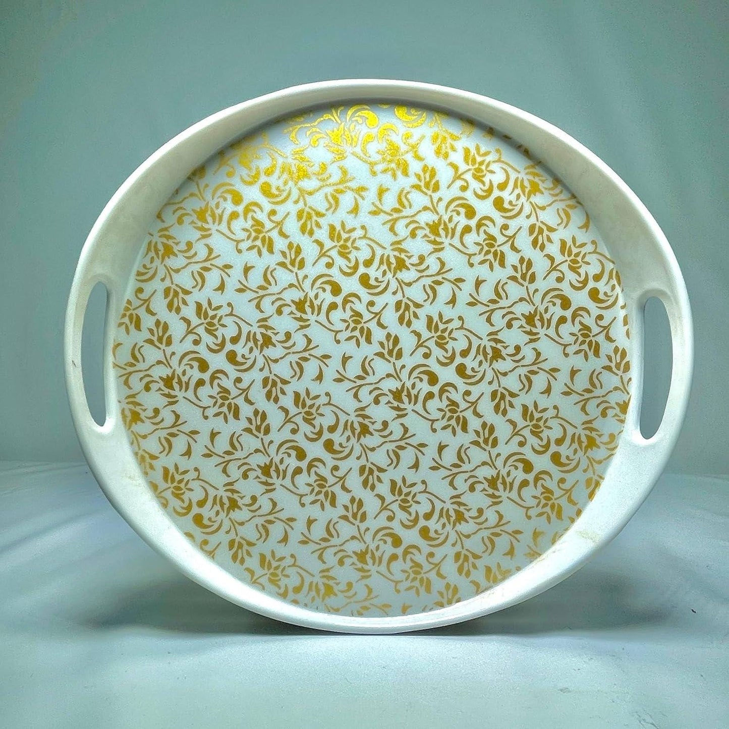 Decorative Round Serving Tray with Gold Floral Pattern, White Plastic with Handles
