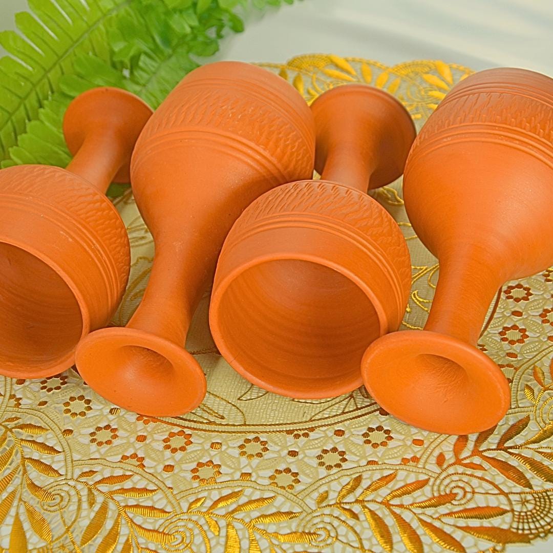 Handcrafted Terracotta Drinkware Set, 4-Piece Traditional Clay Goblets and Vessels, Orange