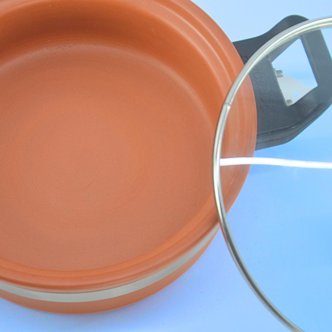 Terracotta-Style Non-Stick Frying Pan with Glass Lid, Clay-Coated Base, Dual Handles
