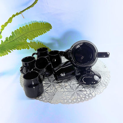 Elegant Black Ceramic Tea Set, 7-Piece, Floral Engraved Teapot with 6 Cups