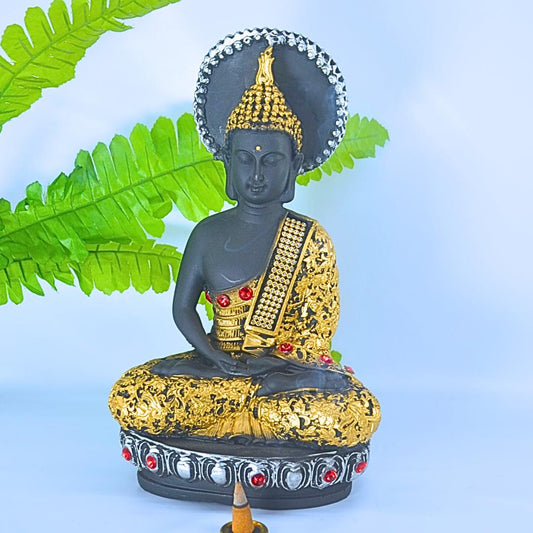 Decorative Buddha Statue, Matte Black and Gold Finish, with Crystal Embellishments, Meditation Home Decor