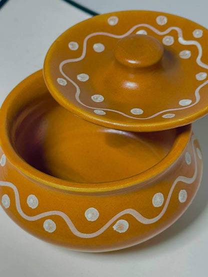 Orange Ceramic Storage Jar with Lid: White Dots & Wave Pattern
