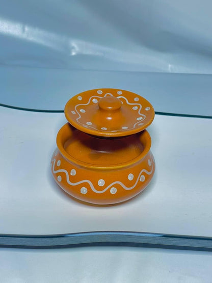 Orange Ceramic Storage Jar with Lid: White Dots & Wave Pattern