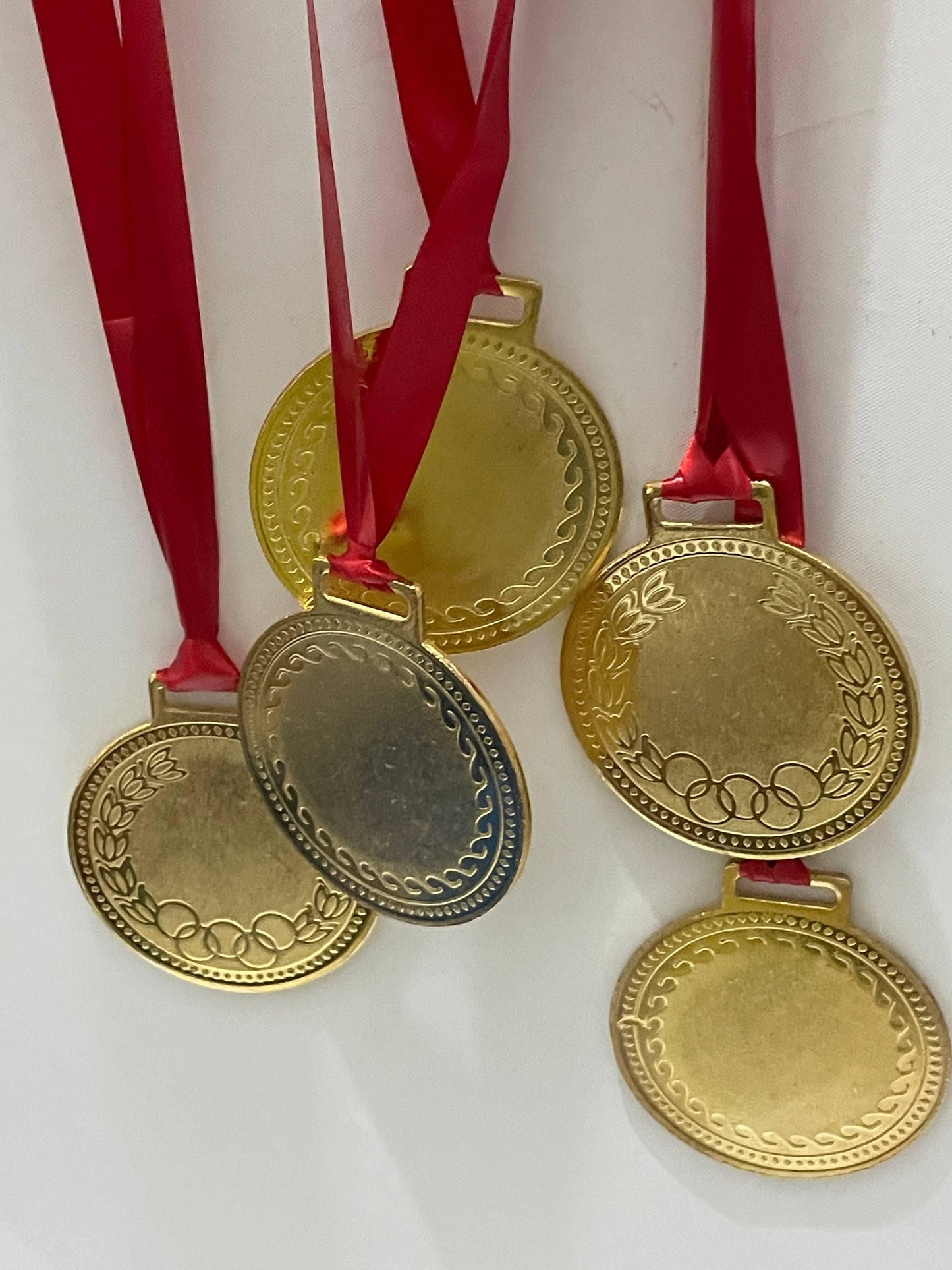 Commemorative Medal Set with Red Ribbons, 5-Piece Gold-Tone Collection, Olympic Style Sports Awards