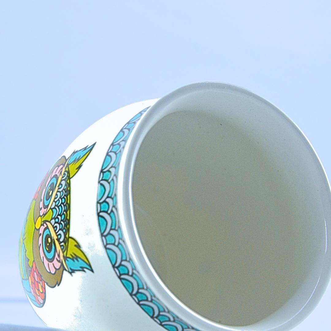 Decorative Ceramic Cup with Hand-Painted Owl Design, White and Turquoise Pattern, 12 cm Height