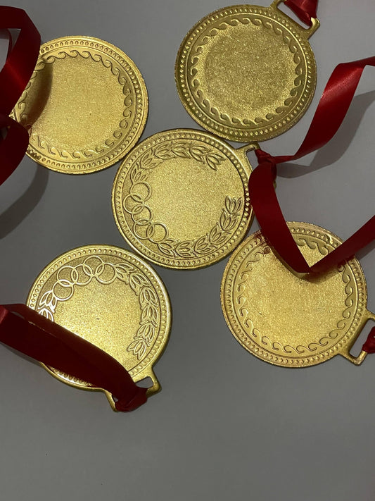 Commemorative Medal Set with Red Ribbons, 5-Piece Gold-Tone Collection, Olympic Style Sports Awards