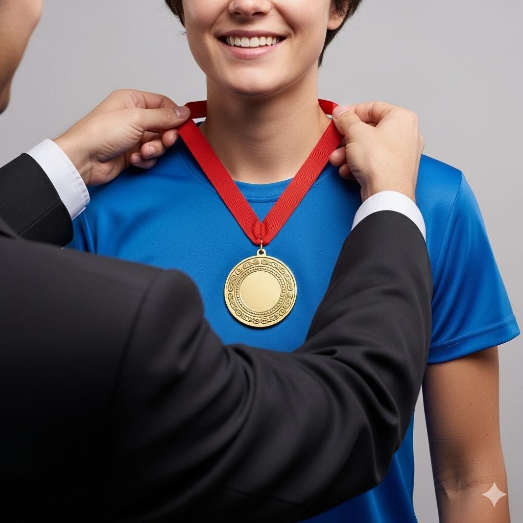 Gold Medal Award Set, 6-Piece with Red Ribbons, Olympic-Style Design for Ceremonies and Competitions