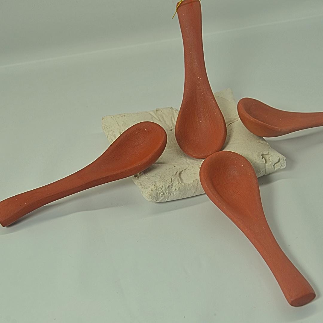 Handcrafted Terracotta Soup Spoons, Traditional Design, Set of 4, Orange