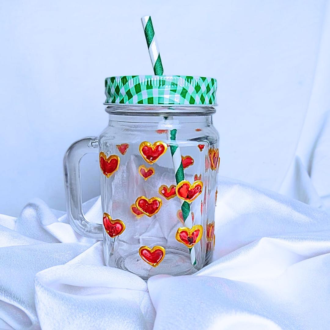 Decorative Glass Mason Jar with Hand Painted Red Hearts Pattern Green Checkered Lid