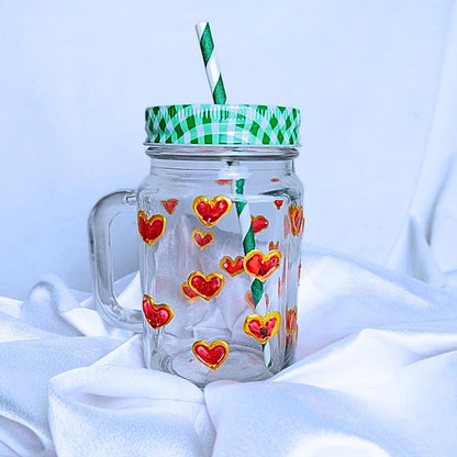 Decorative Glass Mason Jar with Hand Painted Red Hearts Pattern Green Checkered Lid