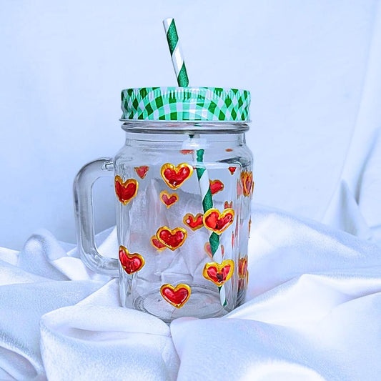 Decorative Glass Mason Jar with Hand Painted Red Hearts Pattern Green Checkered Lid