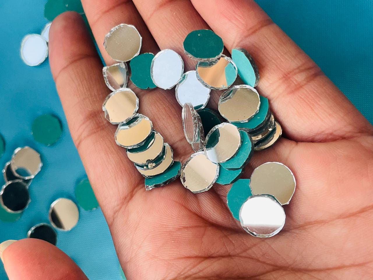 Shisha Mirrors, Silver & Teal, Indian Embroidery Discs