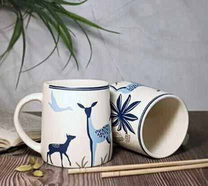 Ceramic Coffee Mugs - White with Blue Deer & Bird Design, Set of 2
