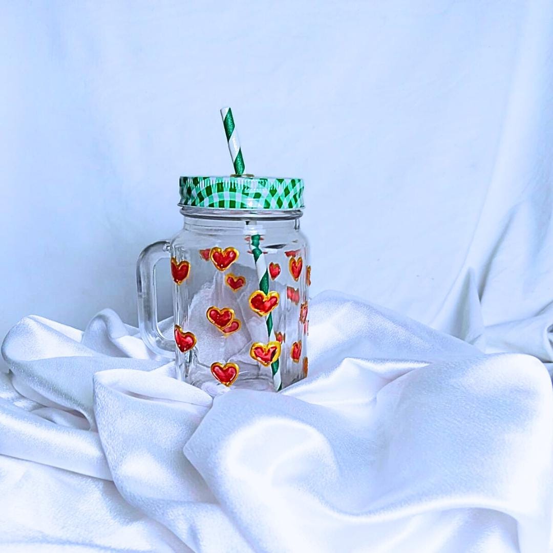 Decorative Glass Mason Jar with Hand Painted Red Hearts Pattern Green Checkered Lid