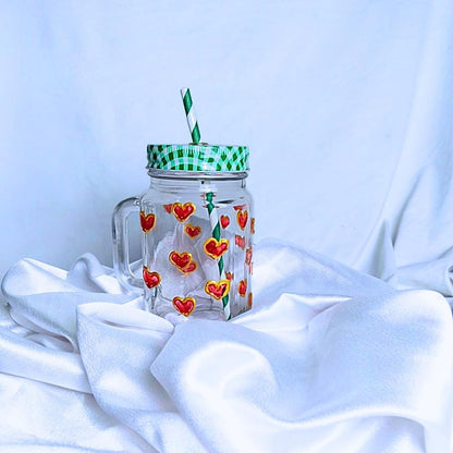 Decorative Glass Mason Jar with Hand Painted Red Hearts Pattern Green Checkered Lid