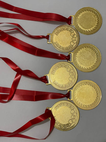 Gold Medal Award Set, 6-Piece with Red Ribbons, Olympic-Style Design for Ceremonies and Competitions