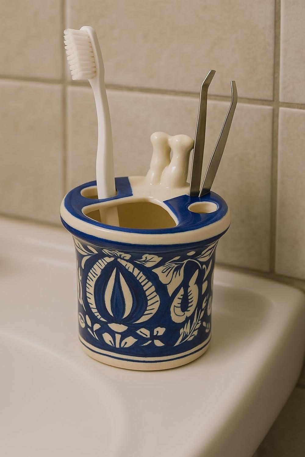Ceramic Toothbrush Holder with Blue Floral Design, Traditional Hand-Painted Pattern, White and Blue