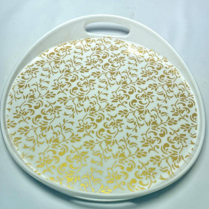 Decorative Round Serving Tray with Gold Floral Pattern, White Plastic with Handles