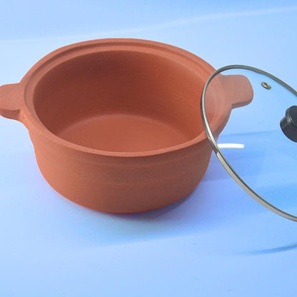 Traditional Terracotta Cooking Pot with Glass Lid, Side Handles, for Slow Cooking and Stews