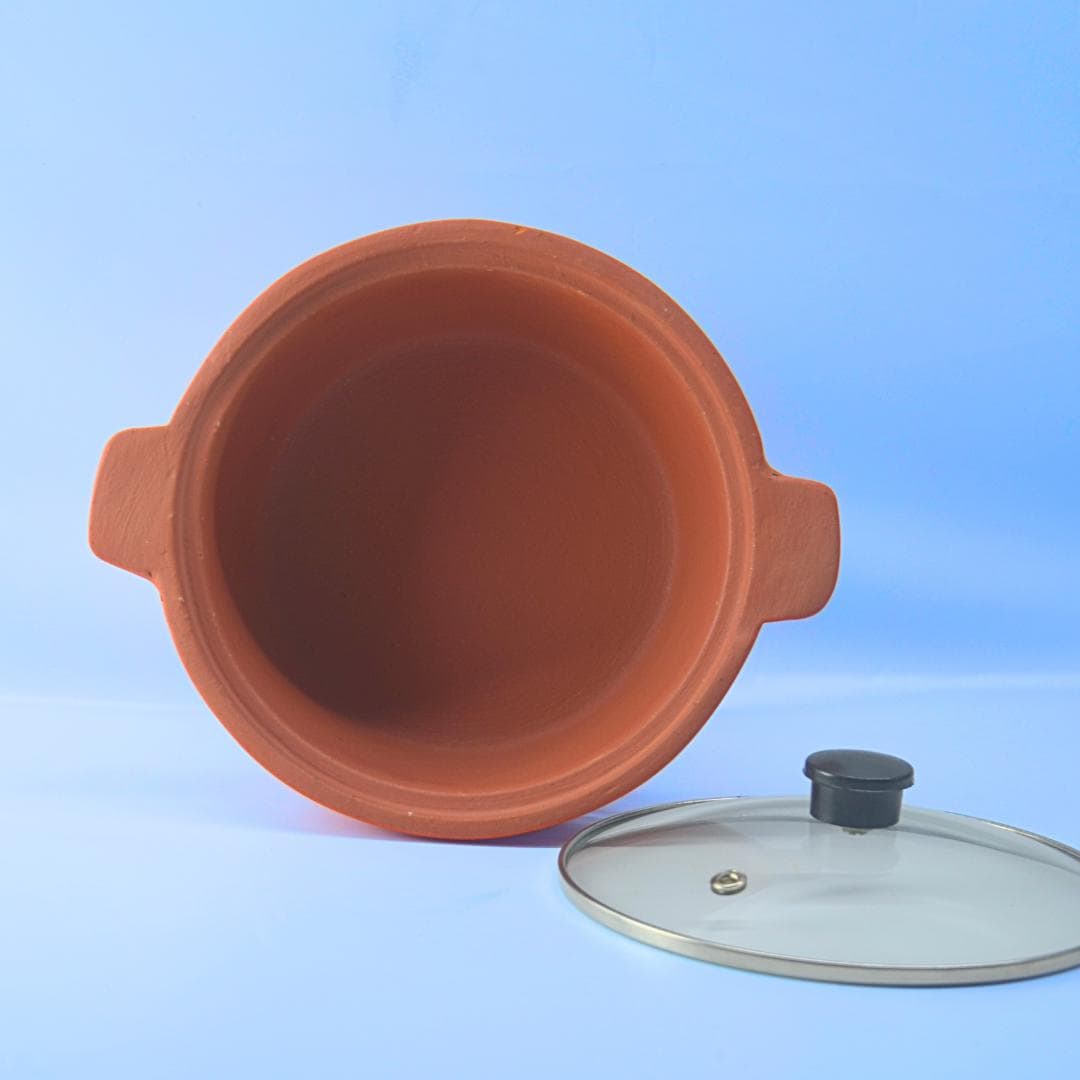 Traditional Terracotta Cooking Pot with Glass Lid, Side Handles, for Slow Cooking and Stews