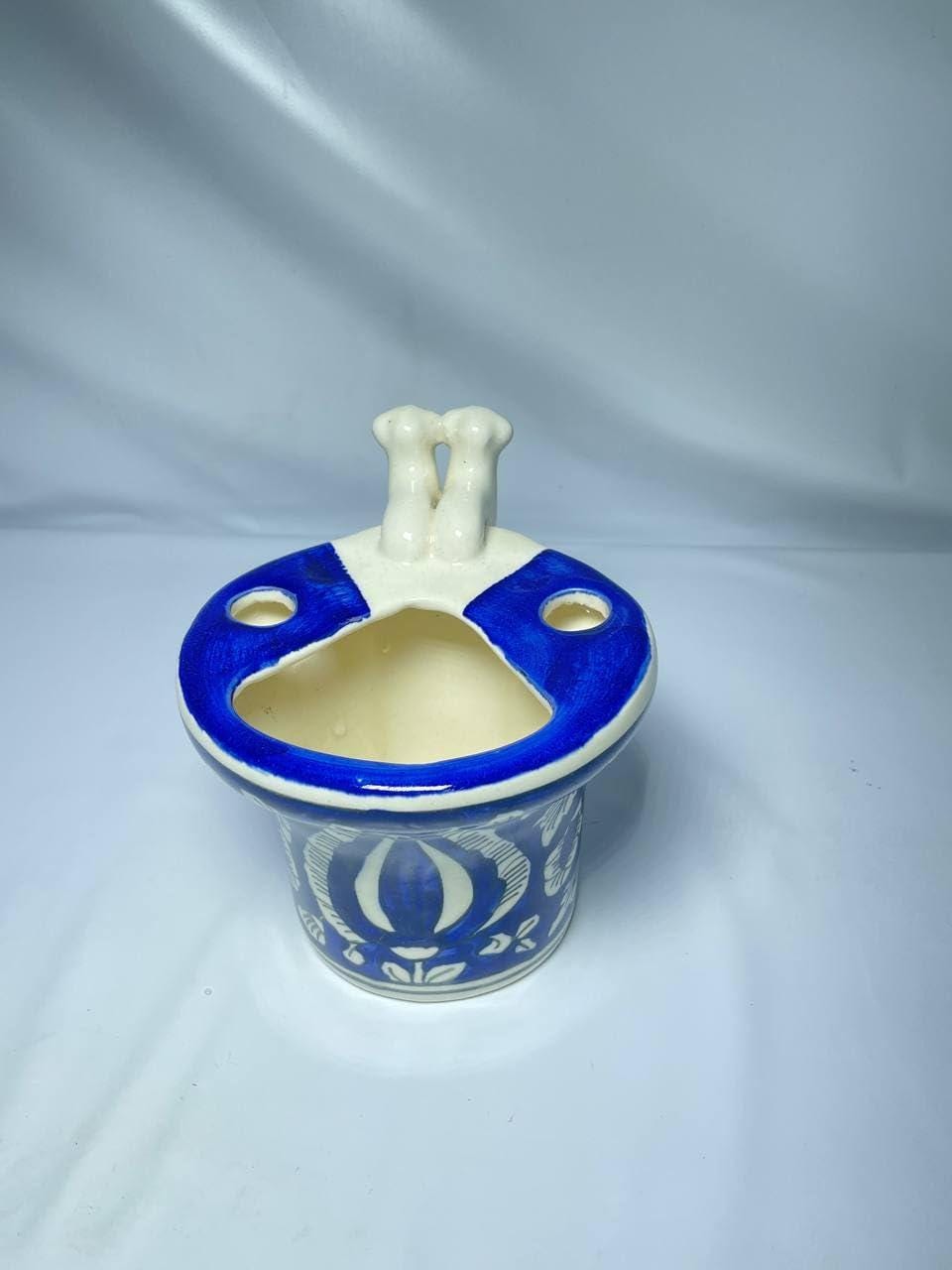 Ceramic Toothbrush Holder with Blue Floral Design, Traditional Hand-Painted Pattern, White and Blue