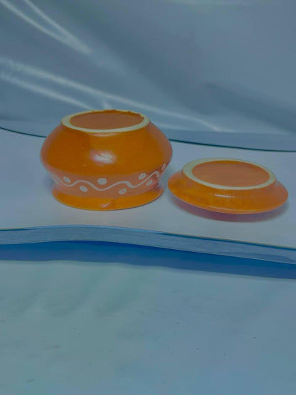 Orange Ceramic Storage Jar with Lid: White Dots & Wave Pattern