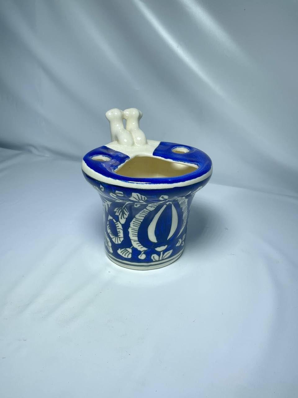 Ceramic Toothbrush Holder with Blue Floral Design, Traditional Hand-Painted Pattern, White and Blue
