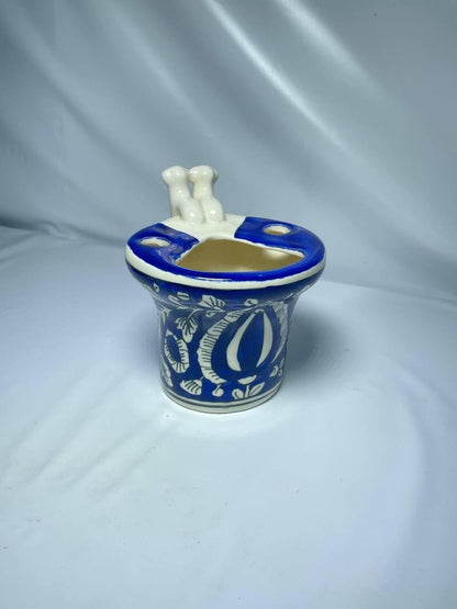 Ceramic Toothbrush Holder with Blue Floral Design, Traditional Hand-Painted Pattern, White and Blue
