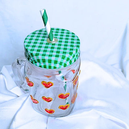 Decorative Glass Mason Jar with Hand Painted Red Hearts Pattern Green Checkered Lid
