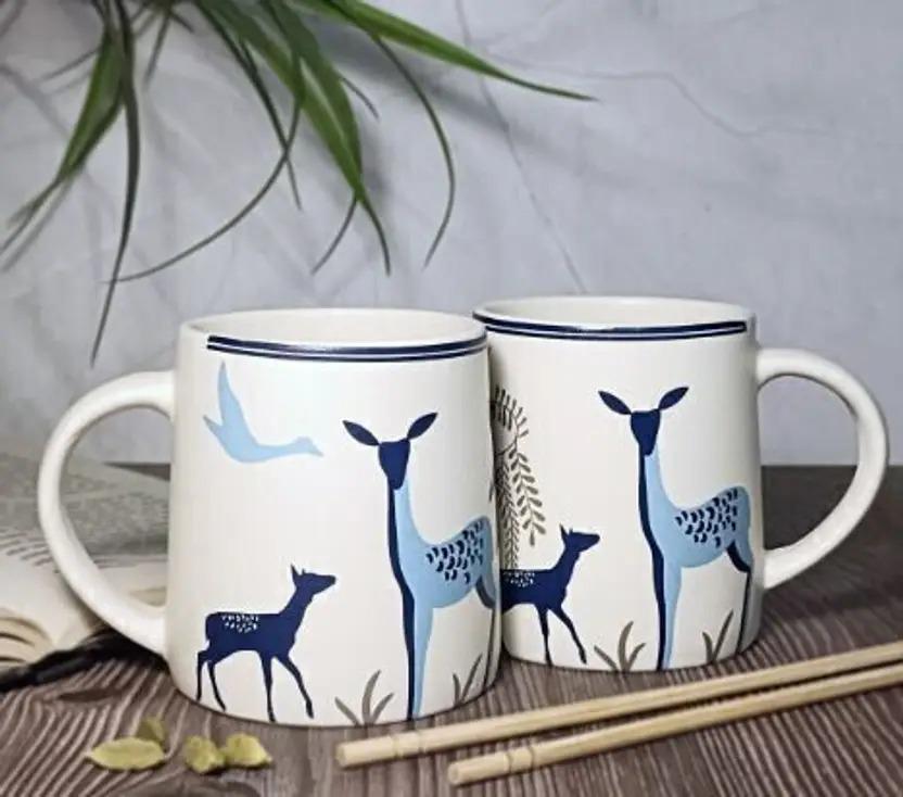 Ceramic Coffee Mugs - White with Blue Deer & Bird Design, Set of 2