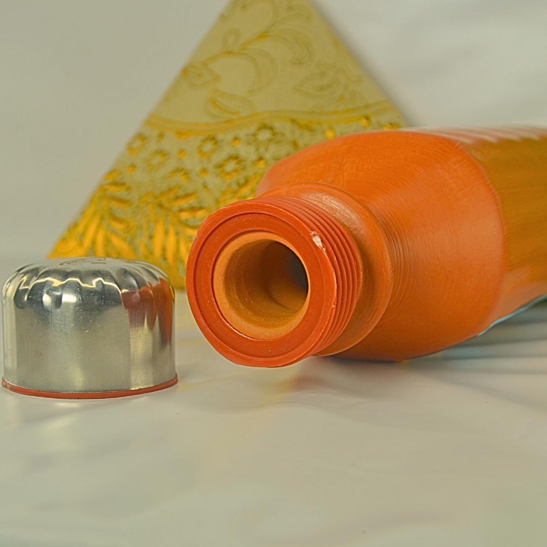 Handcrafted Terracotta Water Bottle with Artistic Design, Steel Lid, Traditional Clay Cooling
