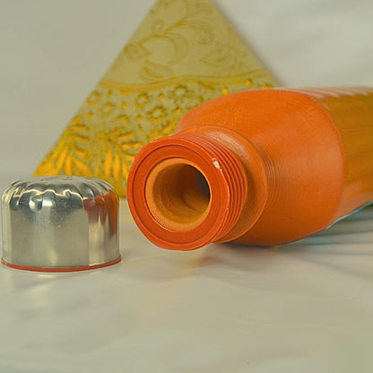 Handcrafted Terracotta Water Bottle with Artistic Design, Steel Lid, Traditional Clay Cooling