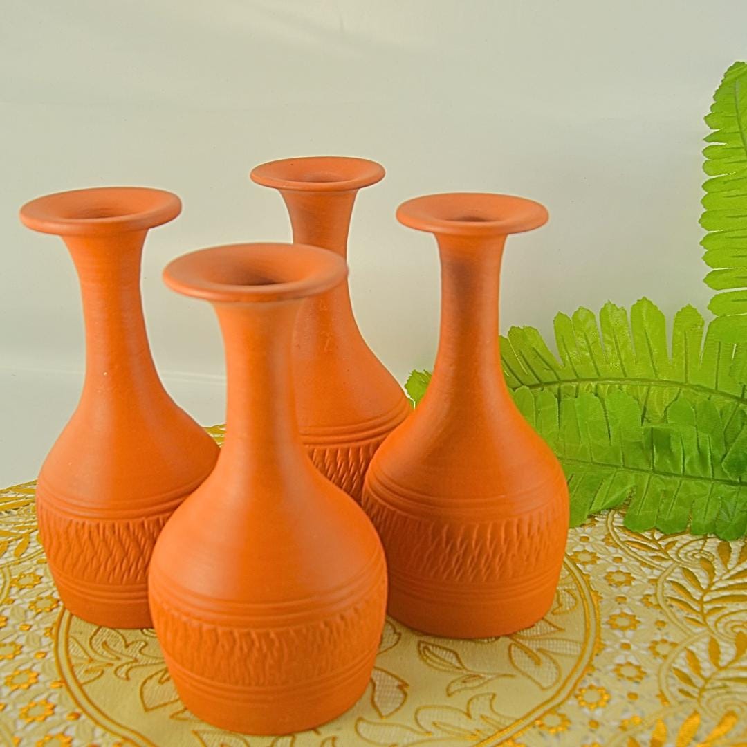 Handcrafted Terracotta Drinkware Set, 4-Piece Traditional Clay Goblets and Vessels, Orange