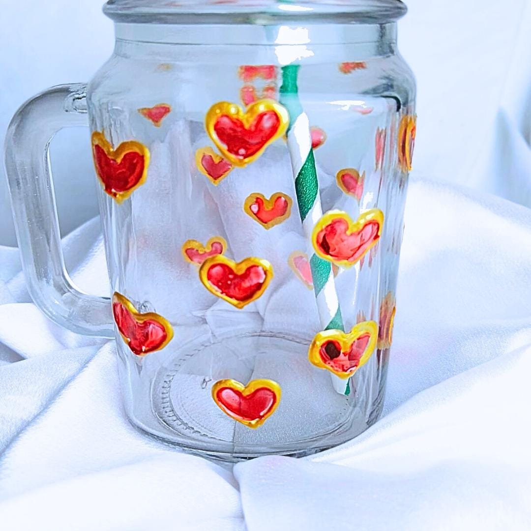 Decorative Glass Mason Jar with Hand Painted Red Hearts Pattern Green Checkered Lid