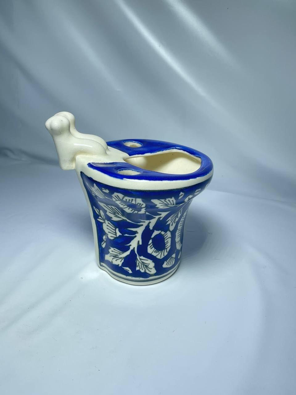 Ceramic Toothbrush Holder with Blue Floral Design, Traditional Hand-Painted Pattern, White and Blue