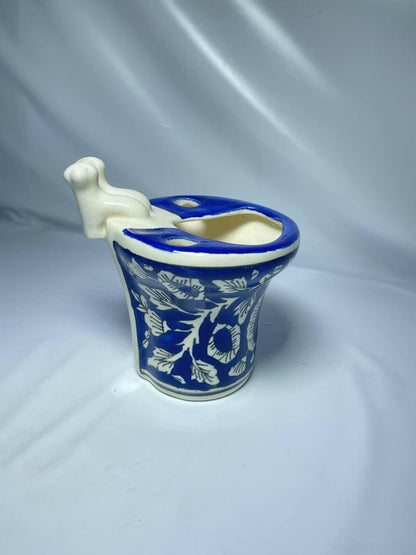 Ceramic Toothbrush Holder with Blue Floral Design, Traditional Hand-Painted Pattern, White and Blue