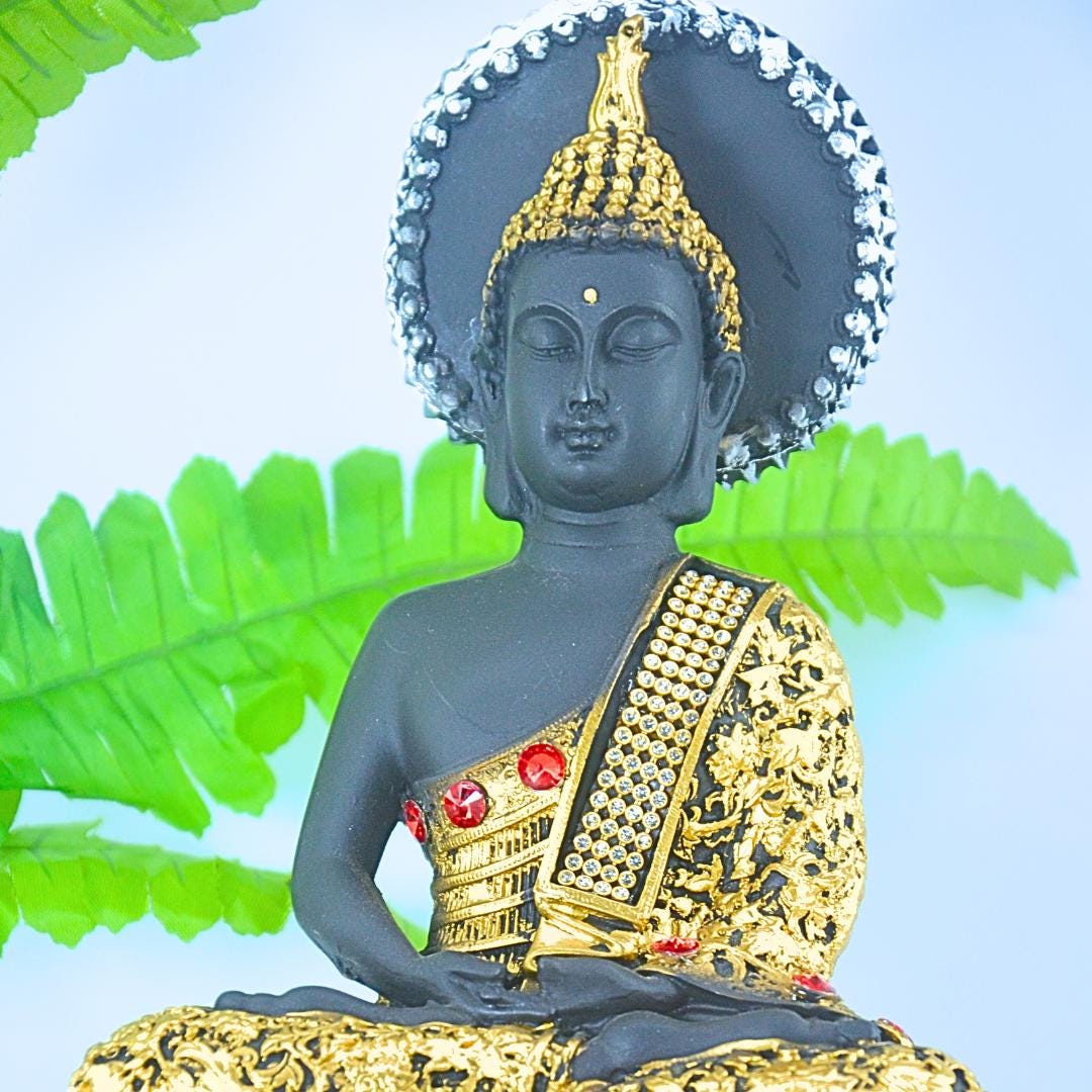 Decorative Buddha Statue, Matte Black and Gold Finish, with Crystal Embellishments, Meditation Home Decor