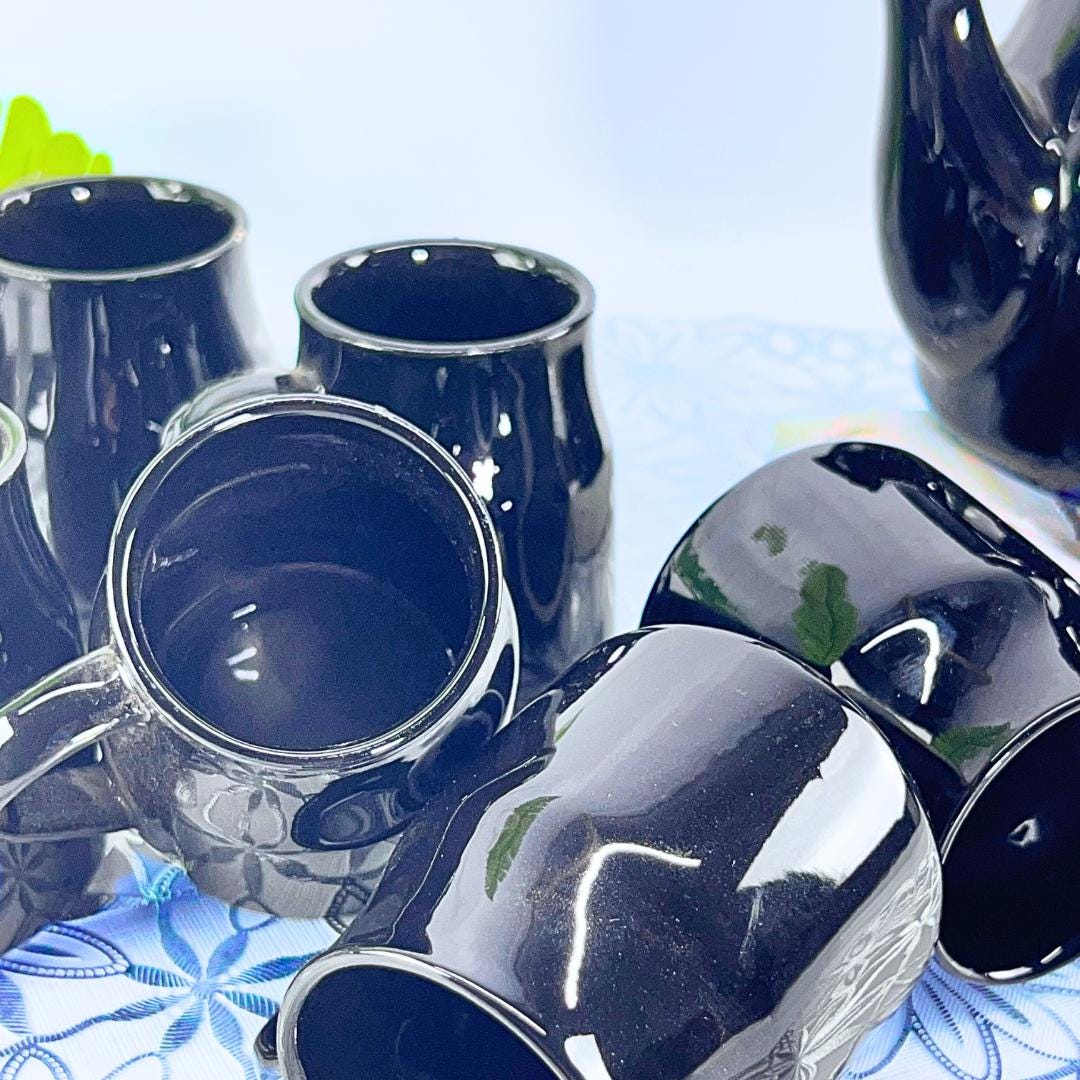 Elegant Black Ceramic Tea Set, 7-Piece, Floral Engraved Teapot with 6 Cups
