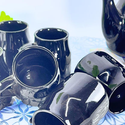Elegant Black Ceramic Tea Set, 7-Piece, Floral Engraved Teapot with 6 Cups
