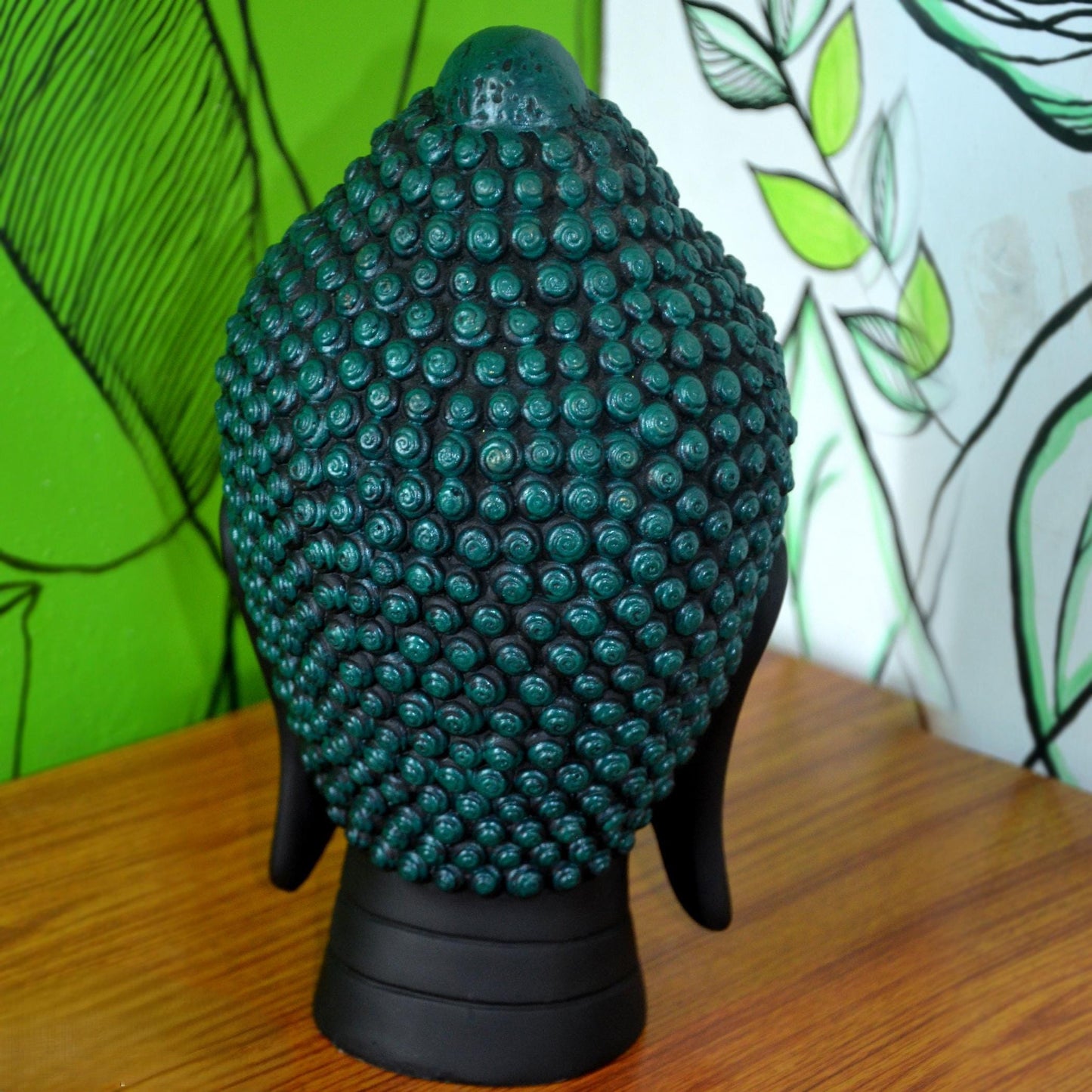 Black Buddha Head Statue with Turquoise Crown - Meditation Decor