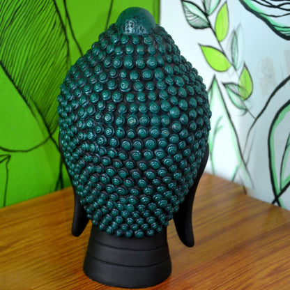 Black Buddha Head Statue with Turquoise Crown - Meditation Decor
