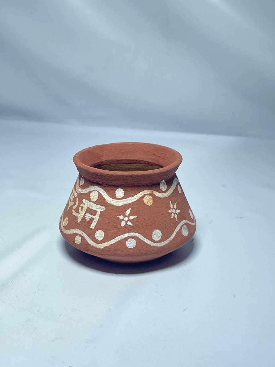 Handcrafted Terracotta Decorative Pot with Traditional White Pattern, Brown