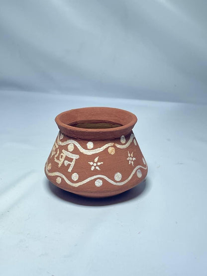 Handcrafted Terracotta Decorative Pot with Traditional White Pattern, Brown