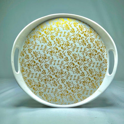 Decorative Round Serving Tray with Gold Floral Pattern, White Plastic with Handles