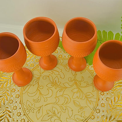 Handcrafted Terracotta Drinkware Set, 4-Piece Traditional Clay Goblets and Vessels, Orange