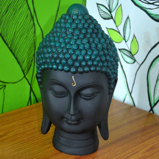 Black Buddha Head Statue with Turquoise Crown - Meditation Decor