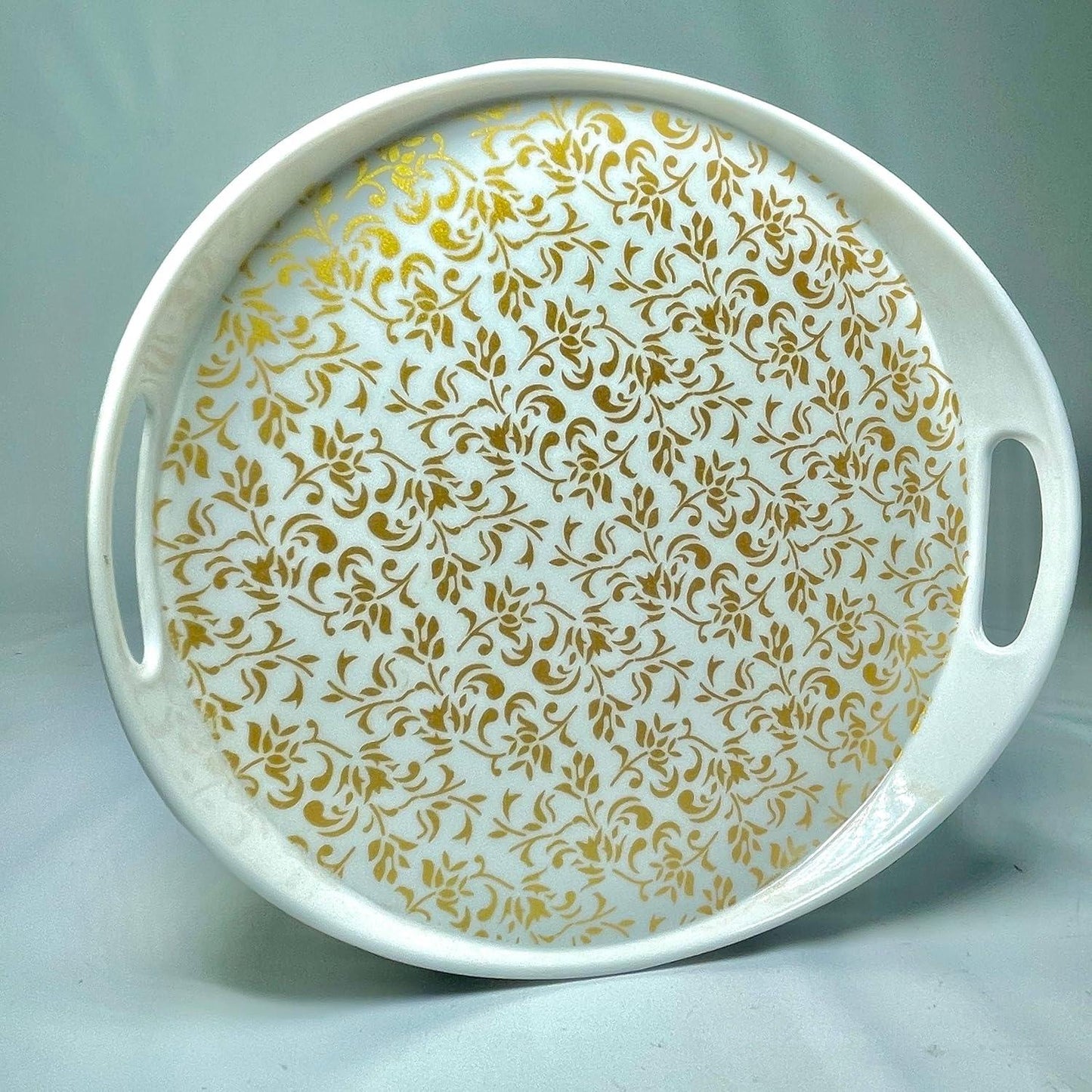 Decorative Round Serving Tray with Gold Floral Pattern, White Plastic with Handles