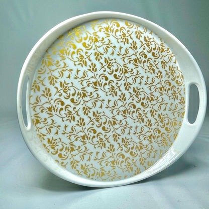 Decorative Round Serving Tray with Gold Floral Pattern, White Plastic with Handles